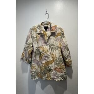 Tahari Plus Size 1X Tropical Print Linen Pullover Top Resort V Neck Coastal Palm